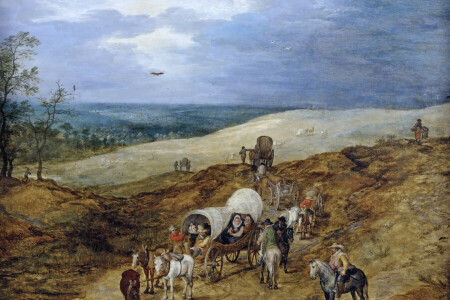 A landscape with Travelers, people, picture, wagon