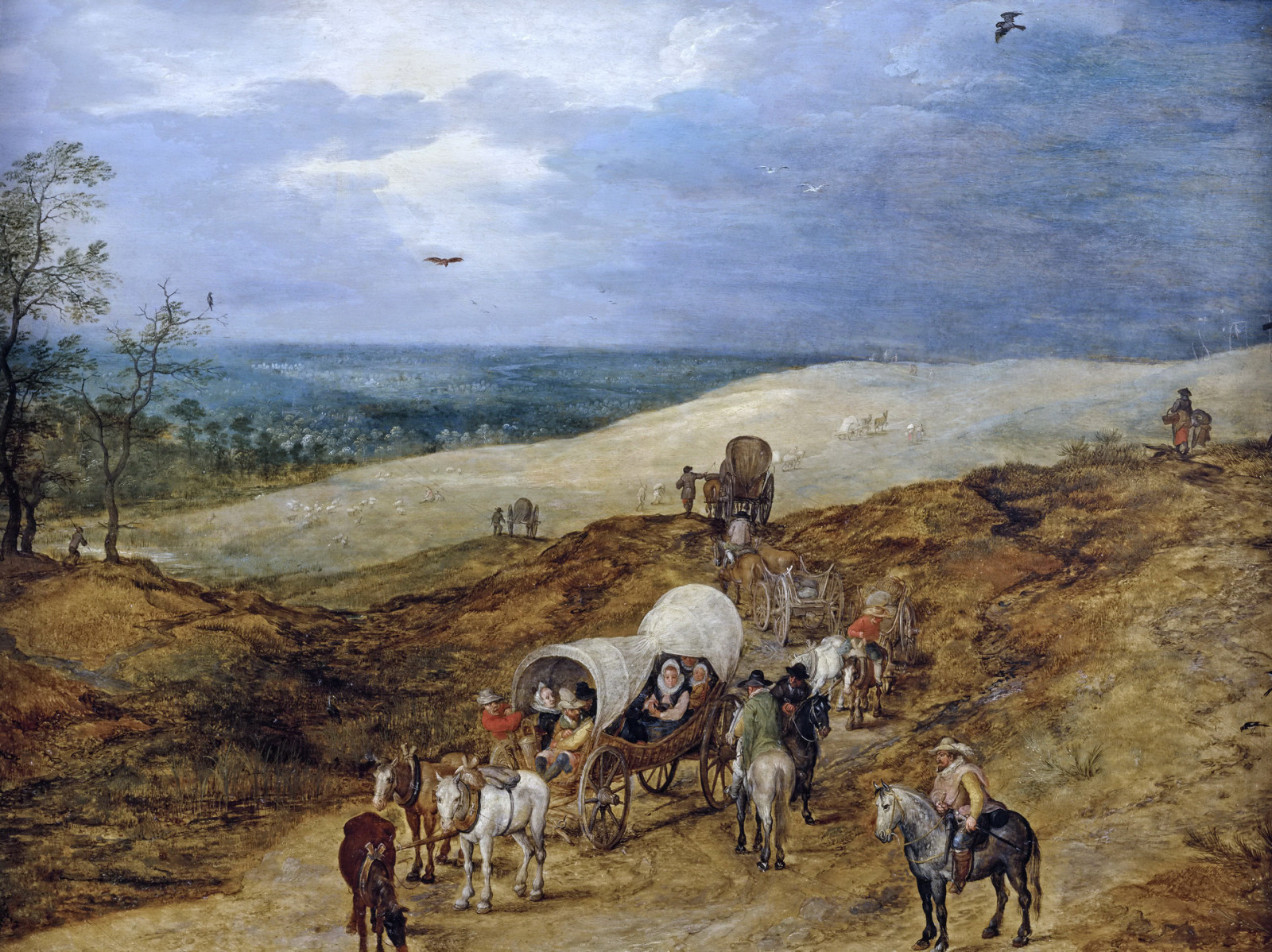 afbeelding, mensen, wagon, Een landschap met reizigers