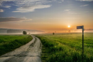 field, fog, road, Sign, sunset