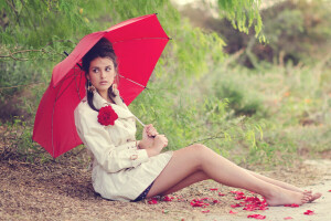 brunette, visage, fleur, Regardez, pétales, pose, rouge, séance