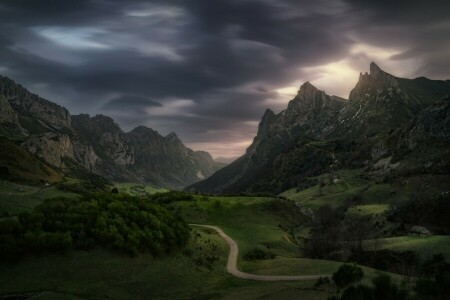 nuvole, montagne, Norvegia, strada, valle