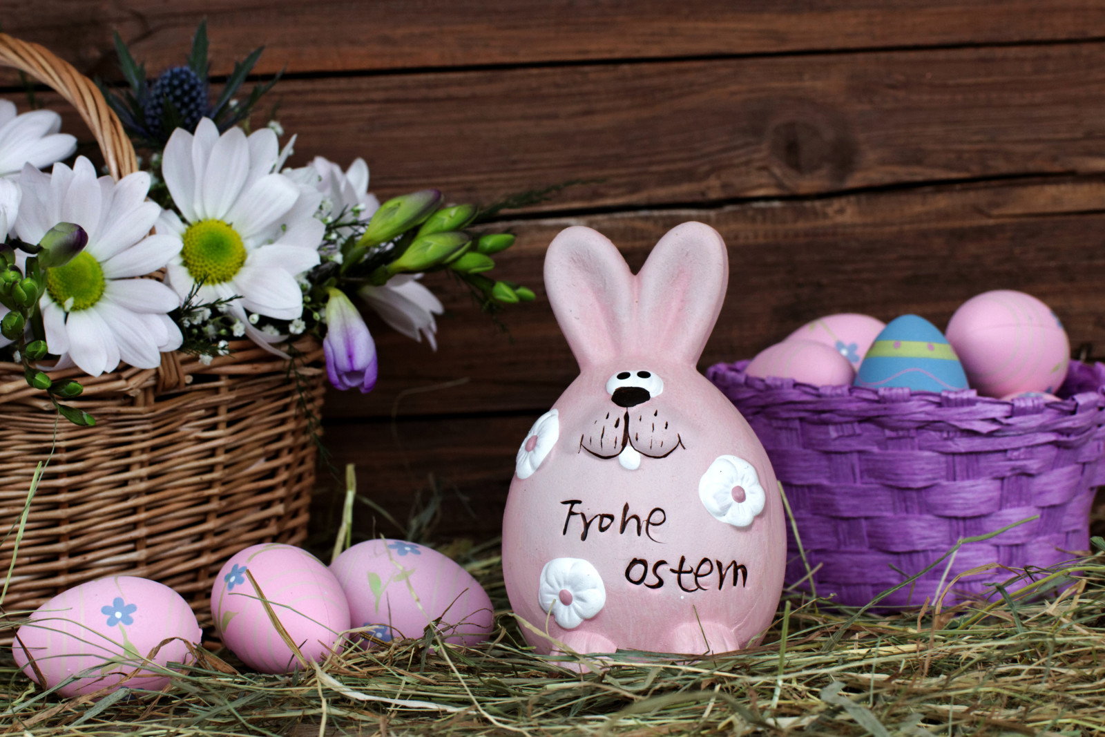 fiesta, huevos, flores, Tablero, cesta, Pascua de Resurrección, Conejo, heno