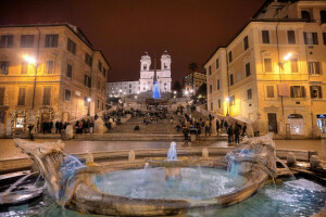 fontein, Italië, lichten, mensen, Rome, stadium, de avond, De Spaanse Trappen