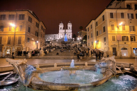 fuente, Italia, luces, personas, Roma, etapa, la noche, Los pasos españoles