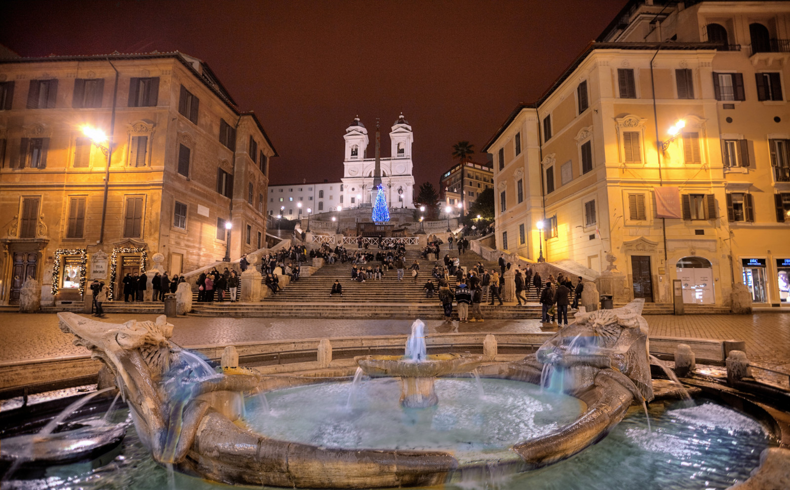 la noche, luces, Italia, Roma, personas, etapa, fuente, Los pasos españoles