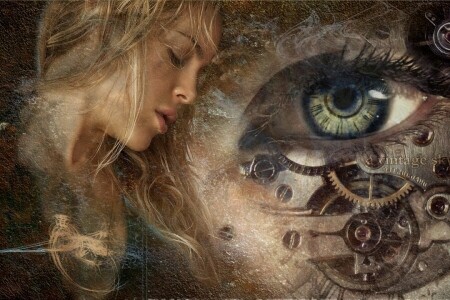 eyes, girl, mechanism, texture, watch