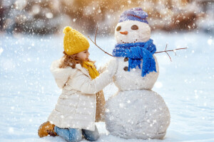 casquettes, les enfants, fille, veste, Nouvel An, neige, bonhomme de neige, hiver