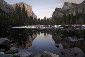 munţi, roci, apus de soare, vale, Yosemite