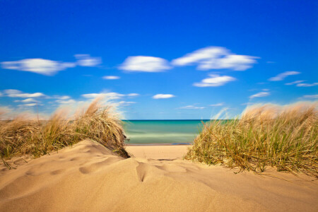 nuvole, erba, sabbia, mare, il cielo