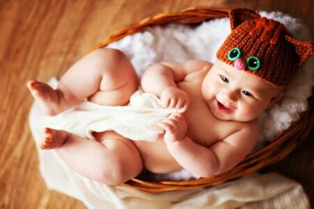 baby, basket, eyes, hat, smiling