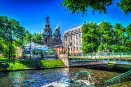 Bridge, channel, Church, home, river, Russia, Saint Petersburg, temple