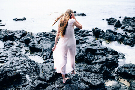 girl, stones, water