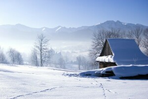 casa, panorama, neve, inverno