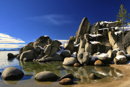 California, nubes, lago, nieve, primavera, piedras, Tahoe, el cielo