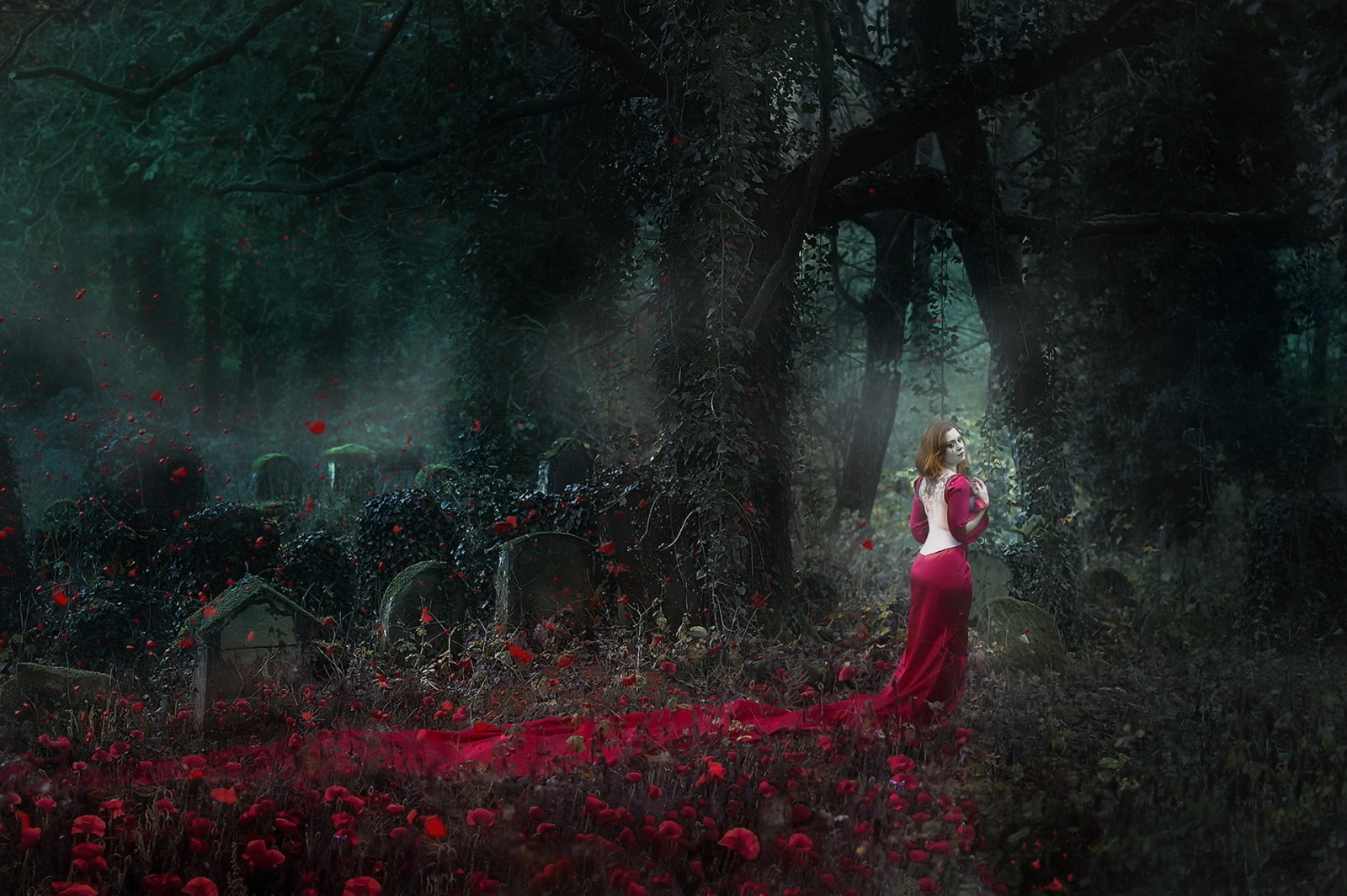 girl, Ghost, cemetery, Lady in red