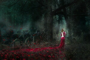 cemetery, Ghost, girl, Lady in red