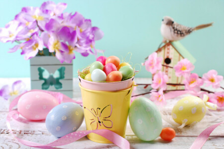 decoración, Pascua de Resurrección, huevos, flores, contento, primavera