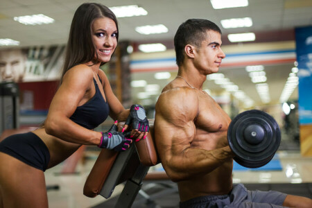 dumbbell, fitness, Herculean arm, look, muscles, pose, smiling, training