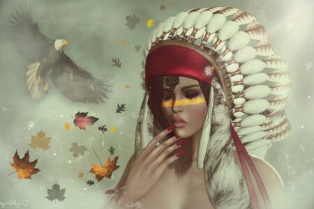 background, face, feathers, girl, hawk, headdress, leaves, paint