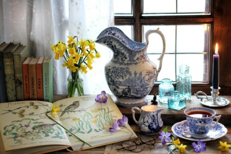 books, bottle, candle, Cup, flowers, glasses, Krokus, Narcissus