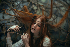 branches, freckles, girl, hair