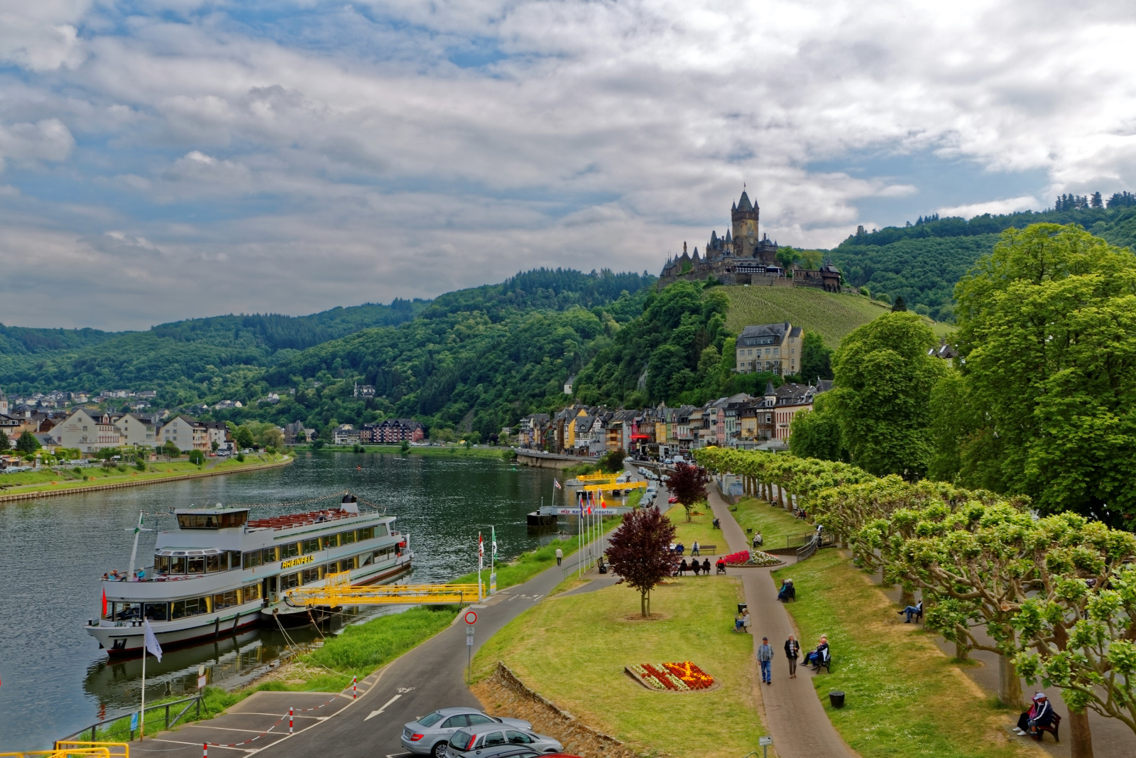 forest, the city, river, shore, trees, fortress, mountains, ship