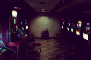 arcade, chair, game, garbage, light, neon, room