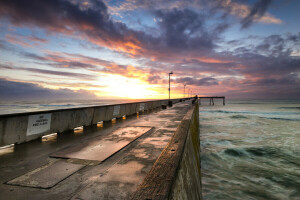 amanecer, atravesar, mar, el rompeolas, ola