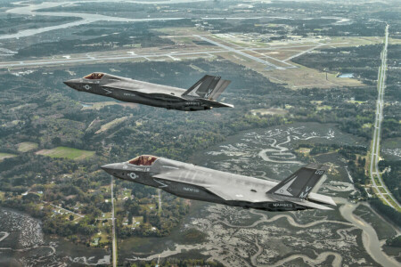 bombardieri, F-35B, Fighters, volo, paesaggio