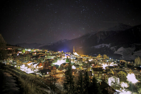 Tyskland, lampor, bergen, Münster, natt, snö, stjärnor, staden