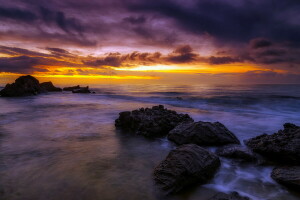 rocks, sea, Spain, Sunrise