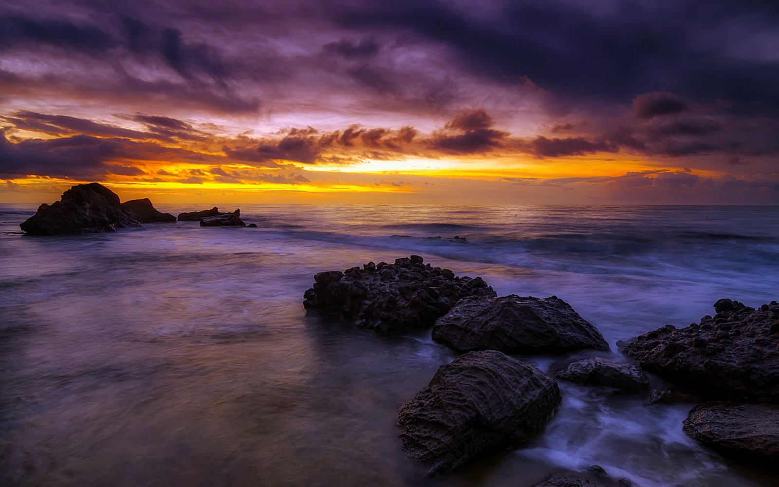 mer, rochers, lever du soleil, Espagne