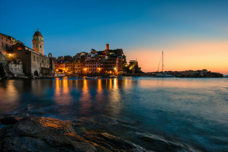 Italy, lights, sea, sunset, Vernazza