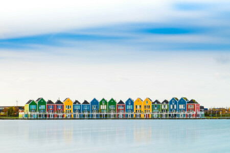 clouds, colorful, Houses, Houten, Netherlands, reflection, river, the city