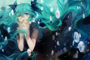 anime, Művészet, íjak, buborékok, lány, hatsune miku, Kury, lys0627