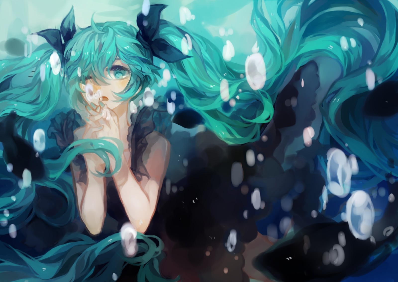 dívka, umění, Pod vodou, anime, vocaloid, Hatsune Miku, bubliny, luky