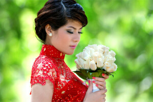 asian, blur, bouquet, flowers, girl