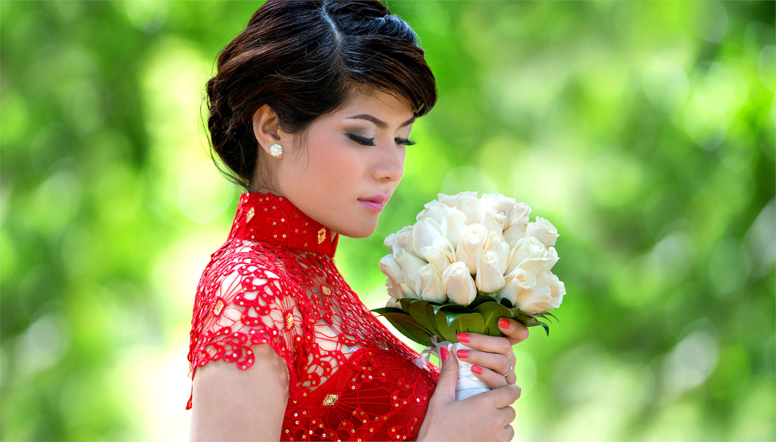 girl, blur, flowers, bouquet, asian