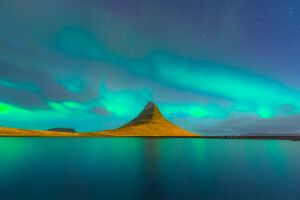 Islandia, lago, luces, Montaña, noche, estrellas