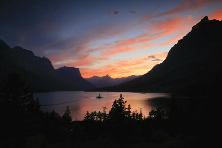 dawn, forest, lake, morning, mountains, trees