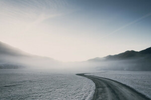 brouillard, route, neige