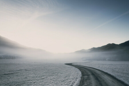 nebbia, strada, neve