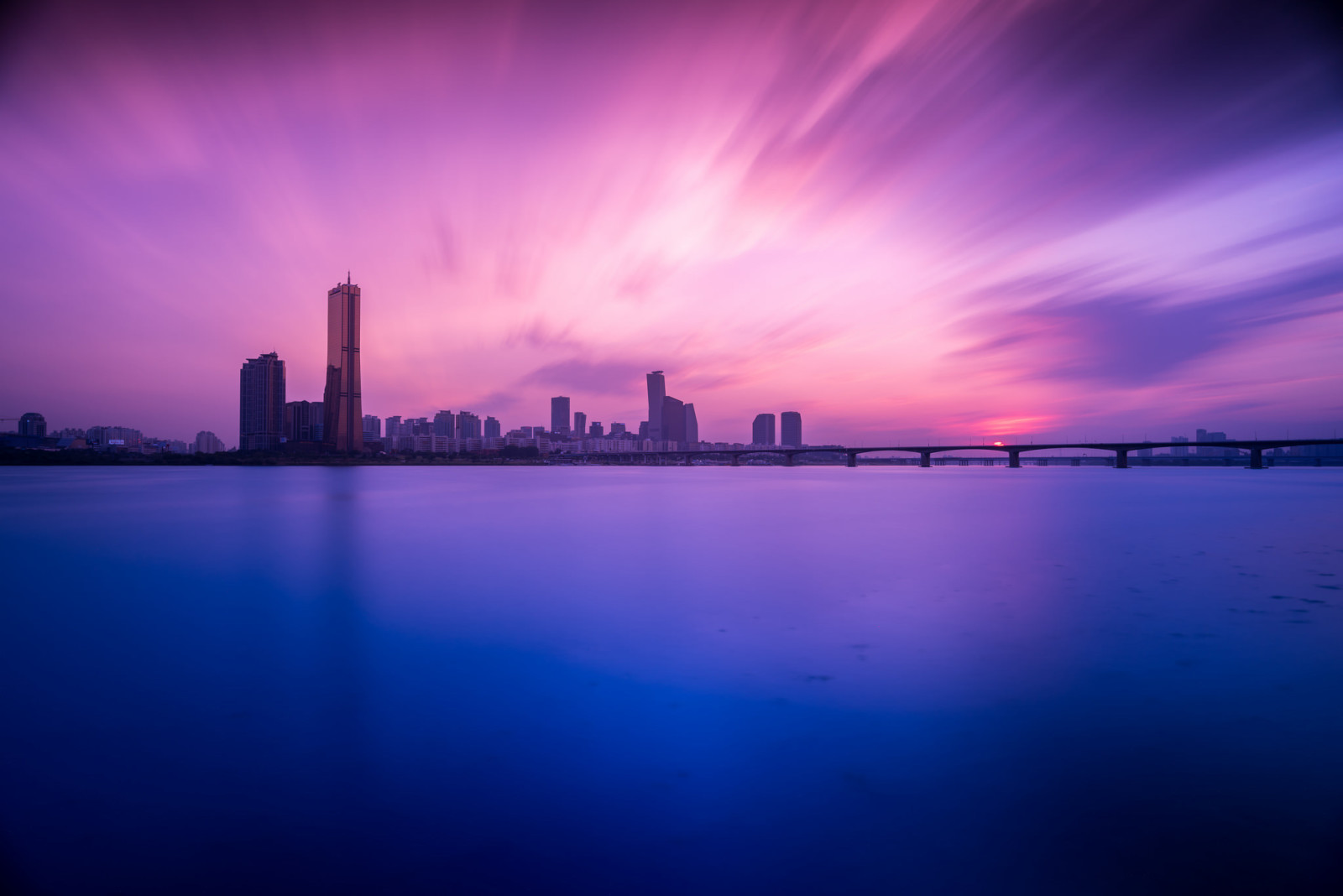 rivier-, zonsondergang, Brug, gebouw, Zuid-Korea, Seoul, de Han-rivier, Han rivier