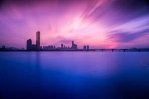 ponte, edificio, Han River, fiume, Seoul, Corea del Sud, tramonto, il fiume Han