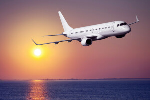 Airliner, coast, dawn, flight, sea, the plane, the sky, the sun