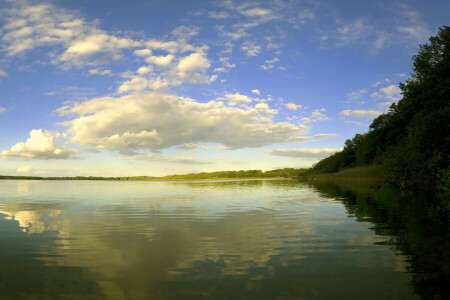 nubes, colina, horizonte, lago, paisaje, reflexión, el cielo