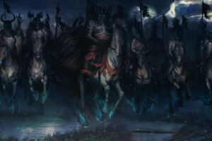 art, darkness, horses, riders, wild hunt