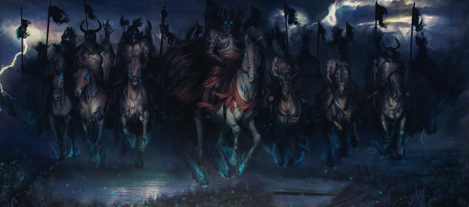 horses, art, darkness, riders, wild hunt