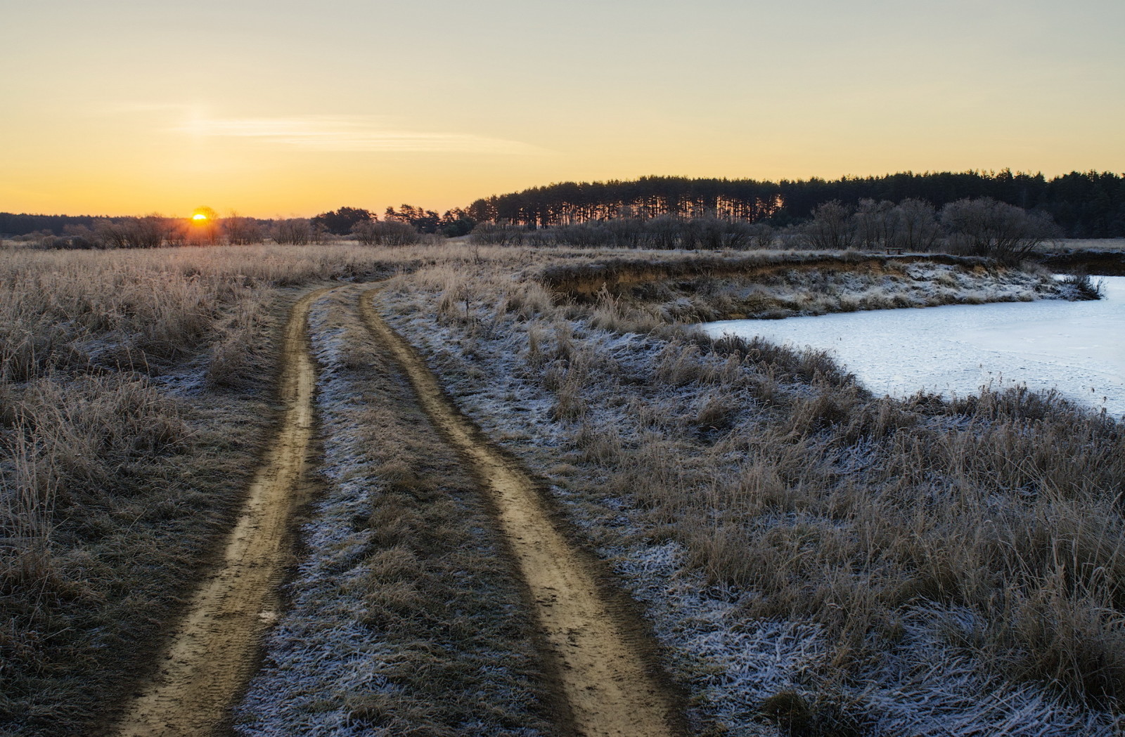 herfst, landschap, weg, veld-, ochtend-, vorst