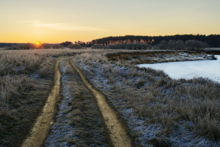 autumn, field, frost, landscape, morning, road